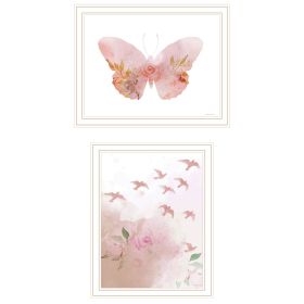 Trendy Decor 4U 2- Piece Vignette Meadow Flora Birds and Butterflies Framed Wall Art for Living Room, Abstract Wall Art Print for Home Decor, Bedroom