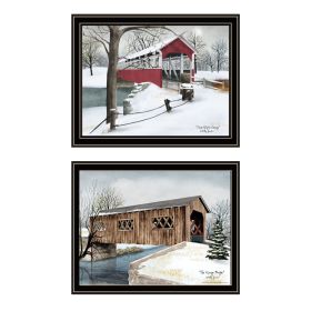 Trendy Decor 4U 2- Piece Vignette Winter Covered Bridges Black Framed Wall Art for Living Room, Bedroom Wall Art Print for Home Decor by Billy Jacobs