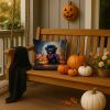 Black Newfoundland Puppy Halloween Throw Pillow Machine Washable, Indoor Outdoor Decorative Pillow for Couch, Bed or Patio, 14Hx14W