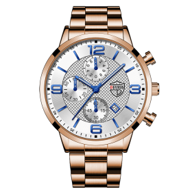 Luxury Mens Stainless Steel Watches Fashion Men Business Leather Quartz Watch Man Calendar Date Luminous Clock relogio masculino (Color: Steel Rose Gold)