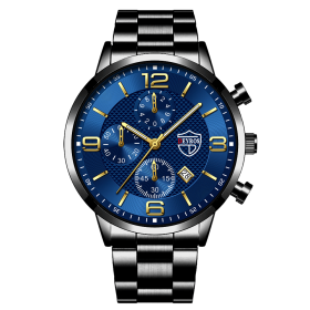 Luxury Mens Stainless Steel Watches Fashion Men Business Leather Quartz Watch Man Calendar Date Luminous Clock relogio masculino (Color: Steel Black Blue)