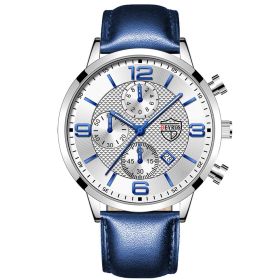 Luxury Mens Stainless Steel Watches Fashion Men Business Leather Quartz Watch Man Calendar Date Luminous Clock relogio masculino (Color: Leather Blue White)