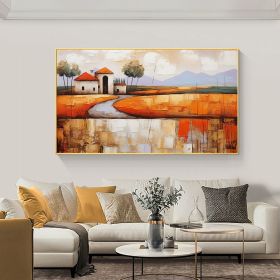 Hand Painted Oil Painting Abstract Village Oil Painting on Canvas Large Wall Art Original Minimalist Orange Landscape Art Custom Painting Boho Living (Style: 01, size: 70x140cm)